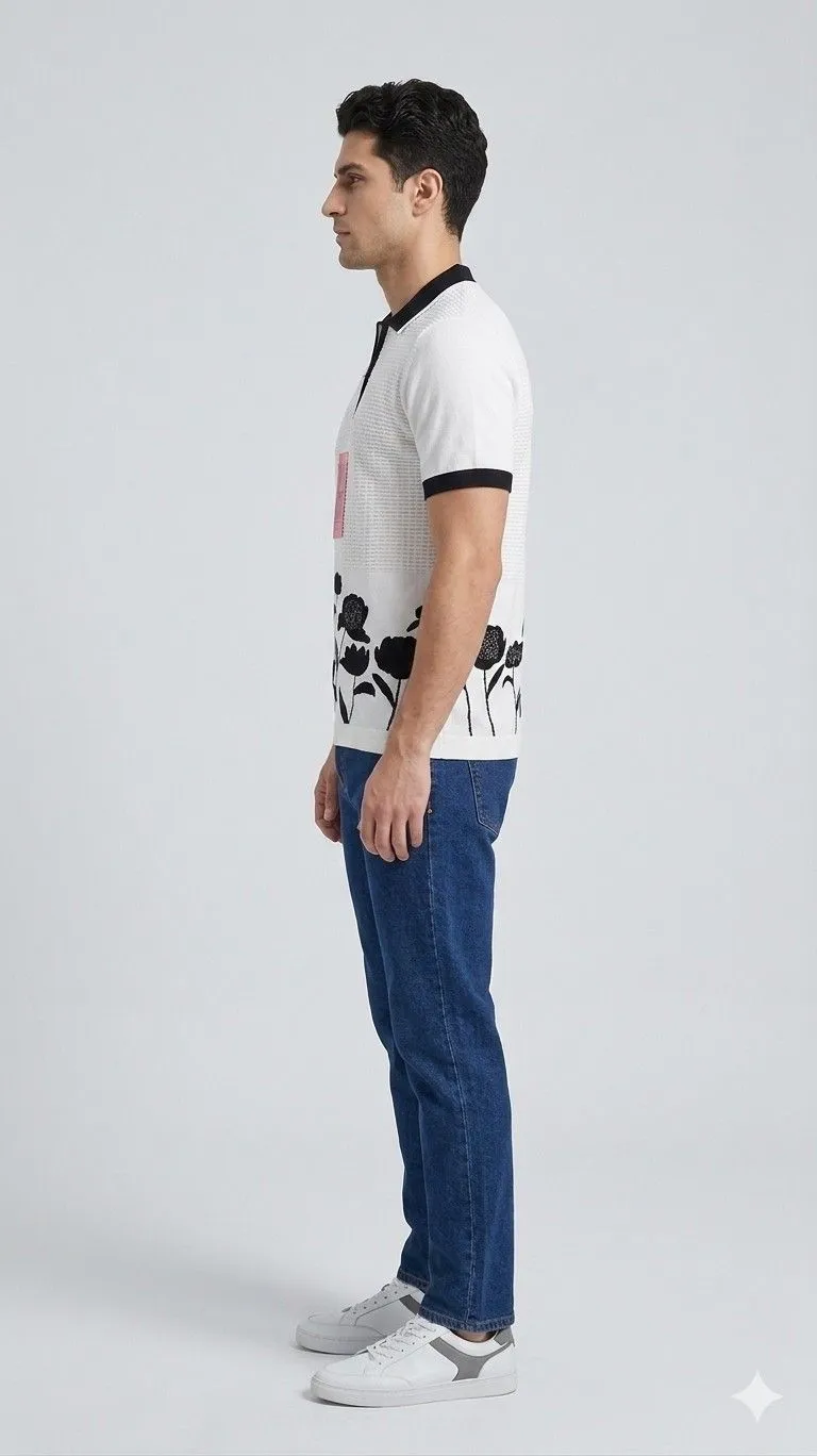 A men standing right direction in relaxed posture wearing black half sleeve collar t-shirt and wearing jeans.